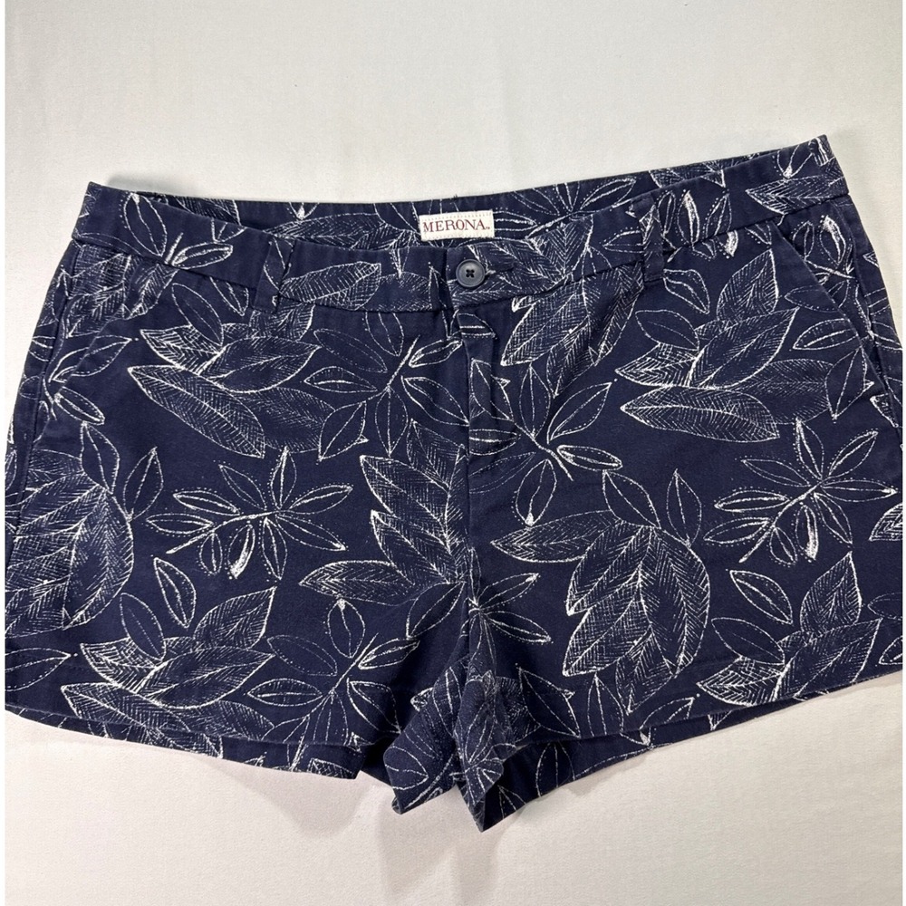 Merona Womens Navy Blue White Leaf Print Cotton China Shorts Size 14 Casual
